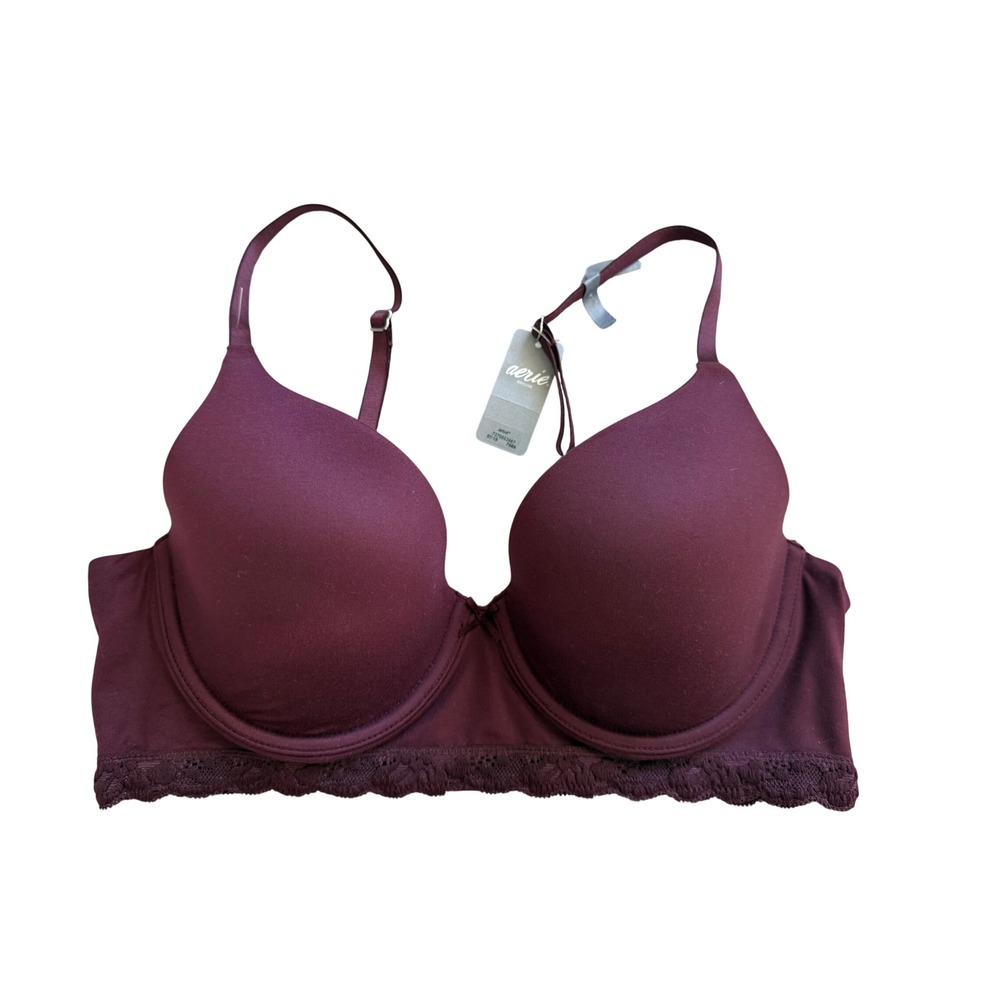 Aerie Sunnie Full Coverage Underwire Bra Burgundy Lace Trim 34C 7569-536